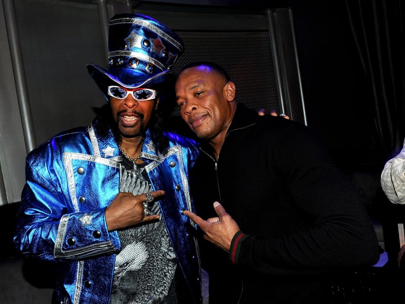 Bootsy Collins (L) and Dr. Dre attend Snoop Dogg's 40th Birthday Party at The Rolling Stone Lounge on October 18, 2011 in Hollywood, California.  