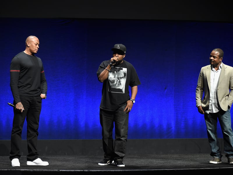 (L-R) Actors Dr. Dre, Ice Cube and director F. Gary Gray speak onstage at Universal Pictures Invites You to an Exclusive Product Presentation Highlighting its Summer of 2015 and Beyondat The Colosseum at Caesars Palace during CinemaCon, the official convention of the National Association of Theatre Owners, on April 23, 2015 in Las Vegas, Nevada.