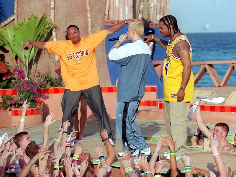 Rapper Dr. Dre, Eminem and Xzibit performs during MTV's Spring Break 2000 in Cancun, Mexico.