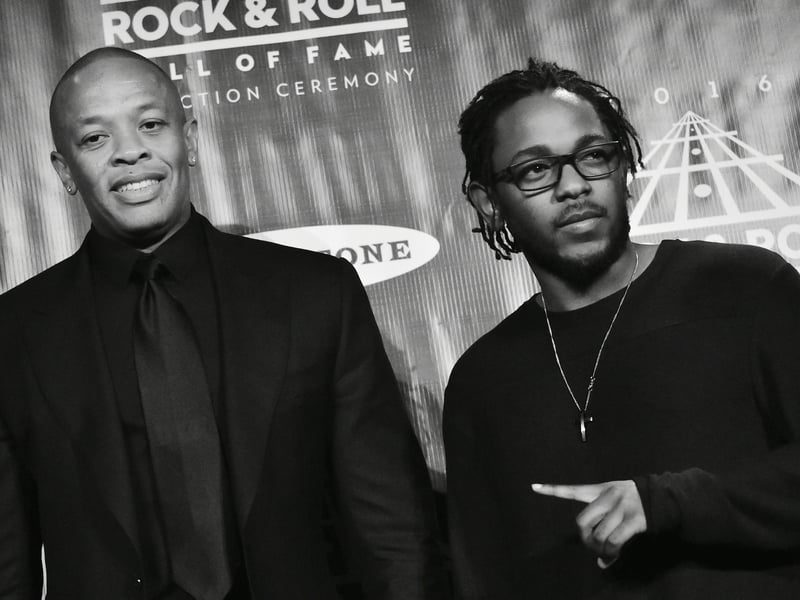 Dr. Dre (L) and Kendrick Lamar pose in the press room at the 31st Annual Rock And Roll Hall Of Fame Induction Ceremony at Barclays Center on April 8, 2016 in New York City.