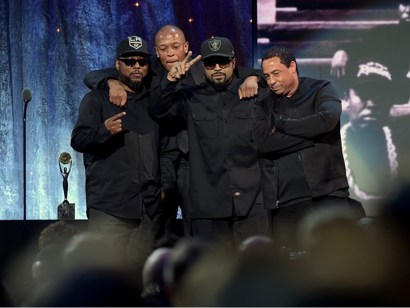 MC Ren, Dr. Dre, Ice Cube and DJ Yella of N.W.A. speak onstage at the 31st Annual Rock And Roll Hall Of Fame Induction Ceremony at Barclays Center on April 8, 2016 in New York City. 