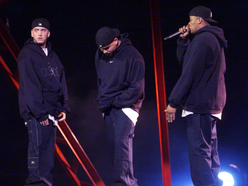 Eminem performs (left) performs with Dr. Dre (right) during the 1999 MTV Music Video Awards held at the Metropolitan Opera House, Lincoln Center in New York City on September 9, 1999.