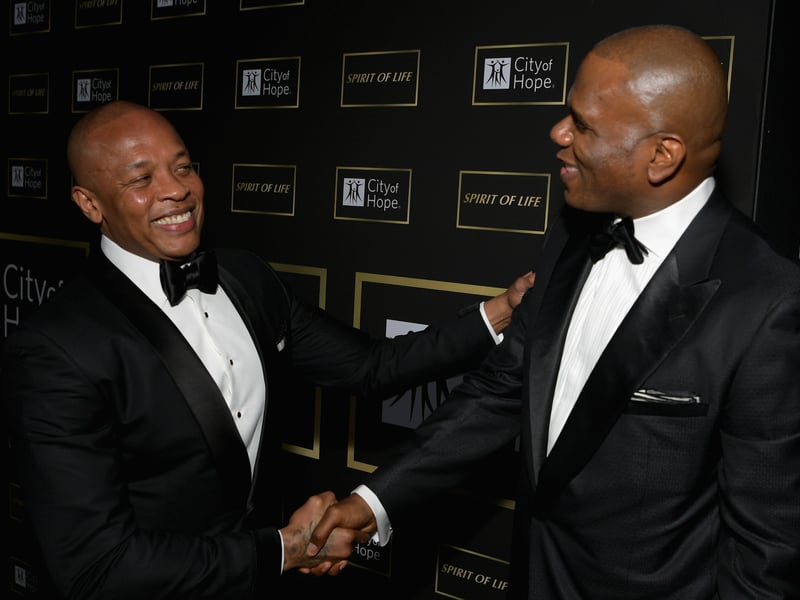 Dr. Dre (L) and Chairman & CEO of Warner/Chappell Music and "Spirit of Life Award" Recipient Jon Platt attend the City of Hope Spirit of Life Gala 2018 at Barker Hangar on October 11, 2018 in Santa Monica, California.