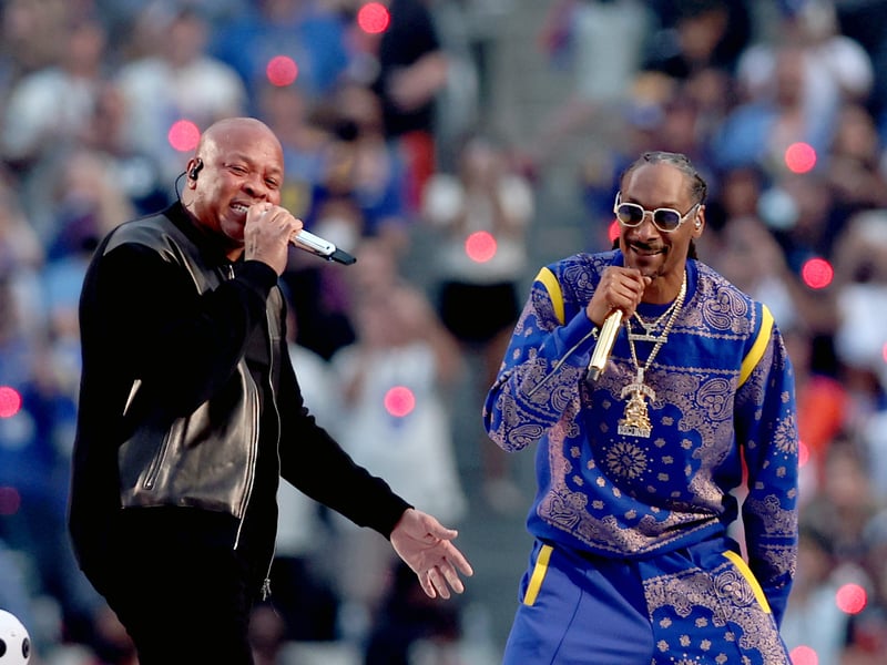 (L-R) Dr. Dre and Snoop Dogg perform during the Pepsi Super Bowl LVI Halftime Show at SoFi Stadium on February 13, 2022 in Inglewood, California.