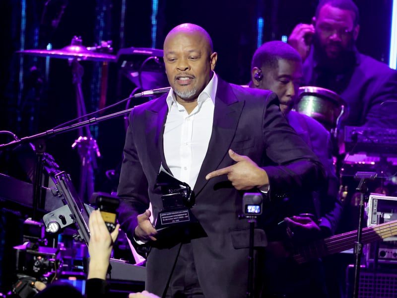 Dr. Dre speaks onstage during Recording Academy Honors Presented by the Black Music Collective at Hollywood Palladium on February 02, 2023 in Los Angeles, California. 