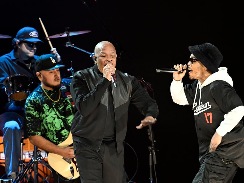 (L-R) Dr. Dre and Anderson .Paak perform onstage during the FIREAID Benefit Concert for California Fire Relief at The Kia Forum on January 30, 2025 in Inglewood, California.
