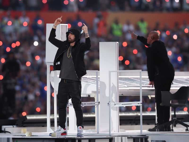 (L-R) Eminem and Dr. Dre perform during the Pepsi Super Bowl LVI Halftime Show at SoFi Stadium on February 13, 2022 in Inglewood, California