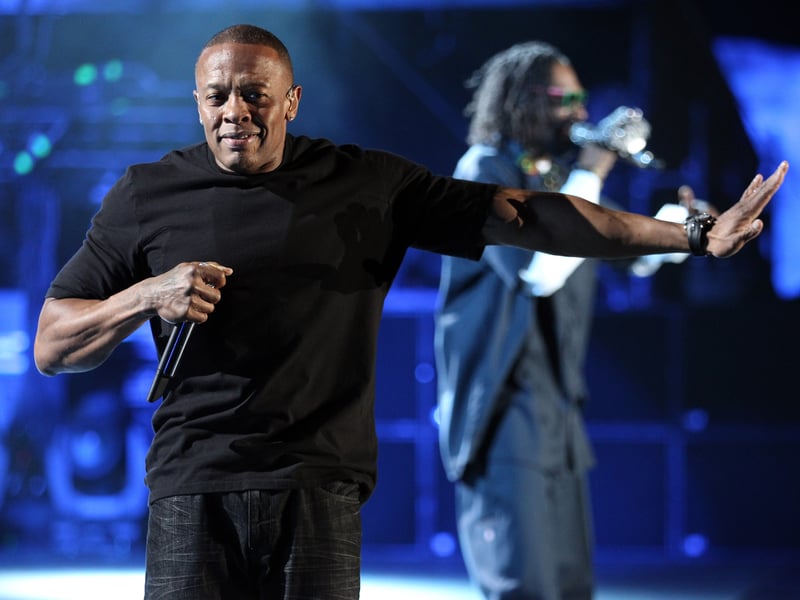 Rappers Dr. Dre (L) and Snoop Dogg perform onstage during day 3 of the 2012 Coachella Valley Music & Arts Festival at the Empire Polo Field on April 15, 2012 in Indio, California.