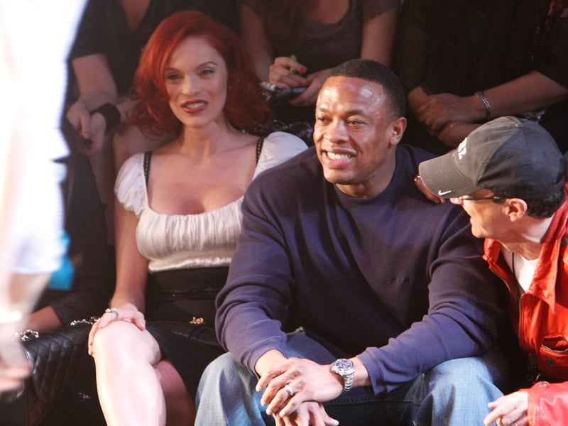 Dancer/actress Carmit Bakar (L) and Dr. Dre in the front row at the Pussycat Dolls by Robin Antin Fall 2008 fashion show during Mercedes-Benz Fashion Week held at Smashbox Studios on March 13, 2008 in Culver City, California