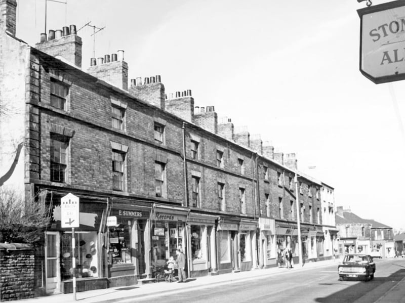 Shops on the north side of Fulwood Road, Sheffield, in March 1965, incuding Mrs. Ellen Summers, tobacconist; Sine Electrical Co. Ltd; and Percy W. Collins, pastry cook. The buildings have since been demolished.