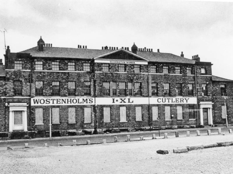The former premises of George Wostenholm and Son Ltd, cutlery manufacturers, Washington Works, on Wellington Street, Sheffield, pictured in 1974. It was demolished in 1978.
