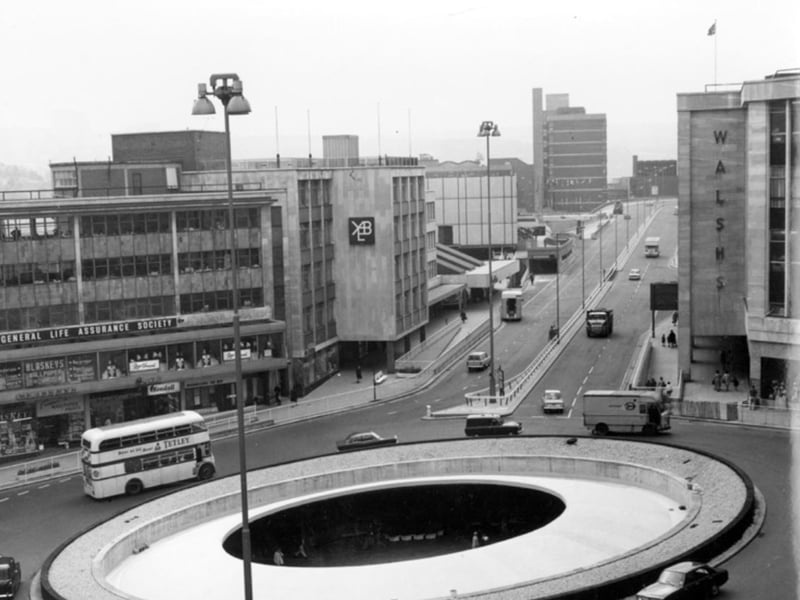Sheffield's Hole in the Road subway and roundabout pictured in 1969, with Walsh's department store in the background. The Hole in the Road opened in 1967 and was filled in during 1994 to make way for the new Castle Square Supertram stop.