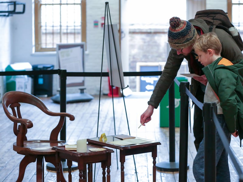 Anthony Brems and his son, Benjamin, 6, at the scene of the crime. Mystery at Fort Nelson where junior detectives attempt to solve a crime during half-term 
Picture: Chris Moorhouse (180225-52)
