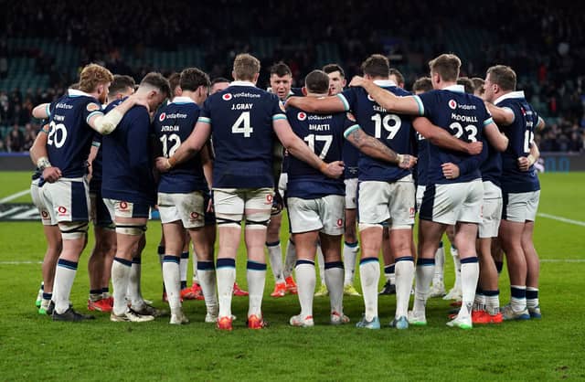 Scotland players after the Guinness Men's Six Nations defeat to England at the Allianz Stadium, London. Picture date: Saturday February 22, 2025.