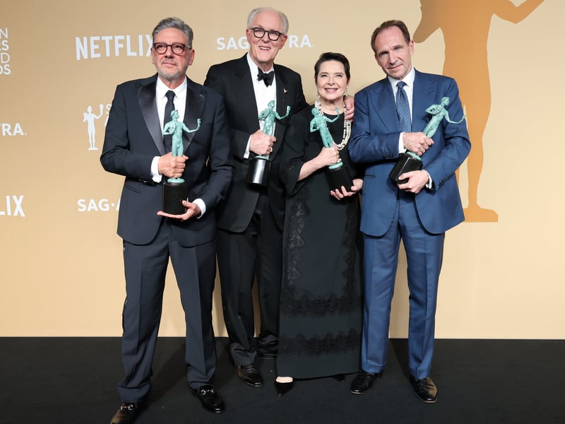 Sergio Castellitto, John Lithgow, Isabella Rossellini, and Ralph Fiennes, winners of the Outstanding Performance by a Cast in a Motion Picture award for "Conclave".