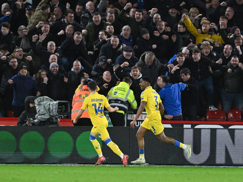Junior Firpo wheels away after netting Leeds' equaliser in the game
