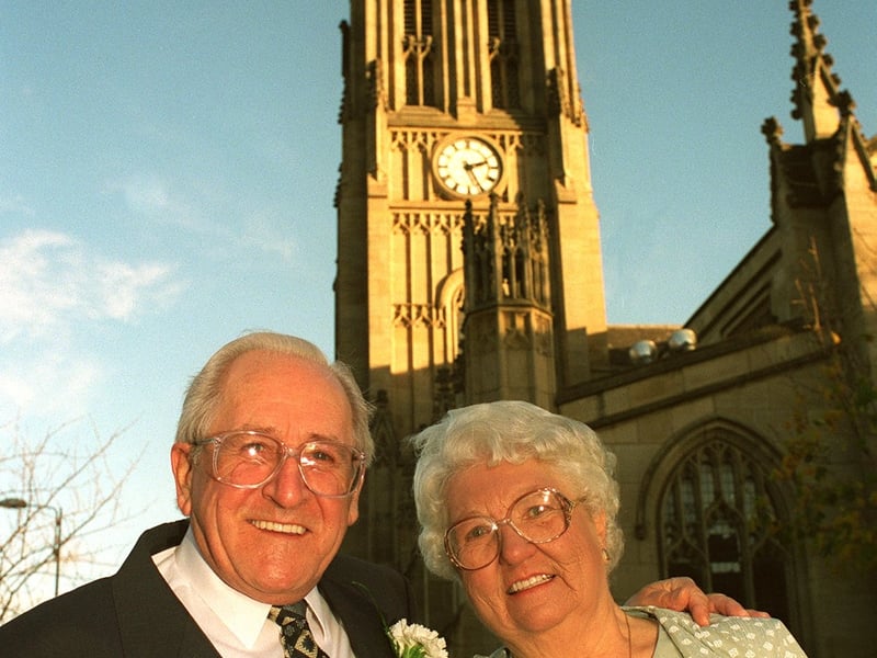 Frank and Dorothy Simons from Kippax pictured at Leeds Parish Church where they were married 50 years ago. They retook their wedding vows 50 years to the hour and the place when they were married. Pictured in November 1995.