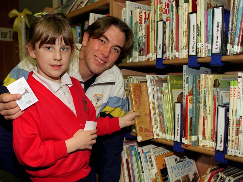 Yorkshire cricketer Chris Silverwood a former pupil of Gibson Lane, Junior School opened the new school's computerised library in October 1996. He is pictured with Catherine Baker.