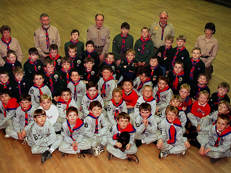 Members of the 1st Kippax Scouts and Beaver Group, who are appealing for adult leaders in March 1997. The leaders are, from left,  Beaver Leader Katie  Marshall, Group Scout Leader Graham Mallinson,  Cub Scout Leader Doug Morley, Cub Scout Leader Tim Ryder and Beaver Leader Christine Greenwood. 