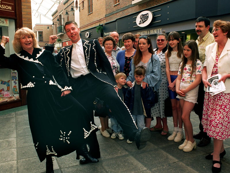 Oi!.... Pearly King and Queen Mike Chisem and Dianne Ransome, members of Kippax Amateur Operatic Society, were at Castleford's Carlton Lanes Shopping Centre in May 1997 to promote their new show 'Me and My Girl'.