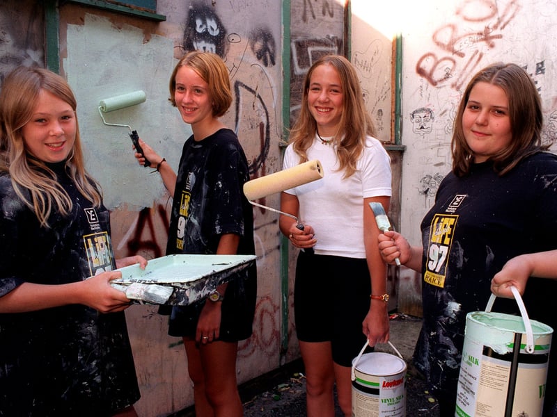 A group of girls were painting a vandalised elderly community hall for the elderly on Westfield Lane in  August 1997. The 'Sugar and Spice' named team were taking part in the West Yorkshire Police Lifestyle project. Pictured, from left, are Laura Wilson, Katie Ellis, Sarah Barthorpe and Jodie Caulfield.
