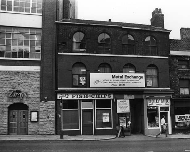 The Limit nightclub, on West Street, Sheffield city centre, in September 1981, with Rob's Fish and Chips nextdoor