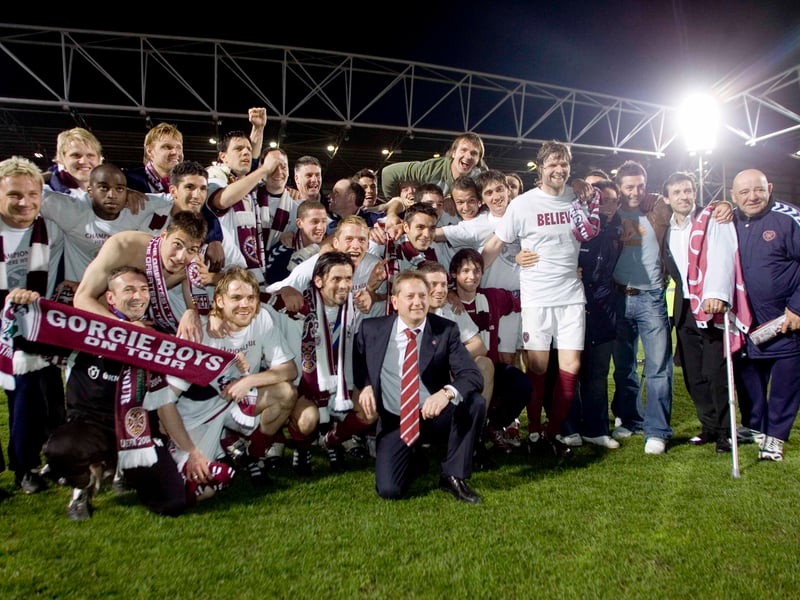 The Hearts squad along with their owner after clinching second place and more importantly Champions League football next season.