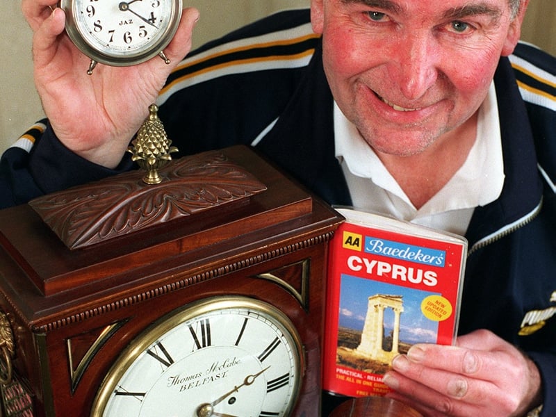 Kippax's Frank Glynn, who had worked with clocks all his life was heading off to Cyprus to retire in an village near Pissouri. He is pictured in April 1999.