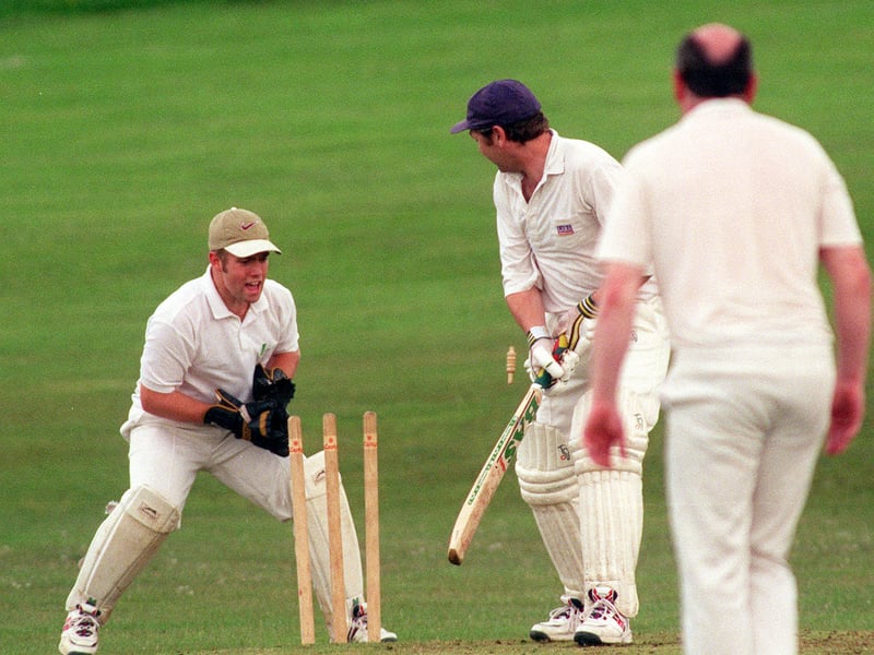 Steve Henshaw of Kippax is stumped by Richard Marsden the Shadwell wicket keeper off the bowling of Tony Burke in the Wetherby League. Pictured in June 1999.