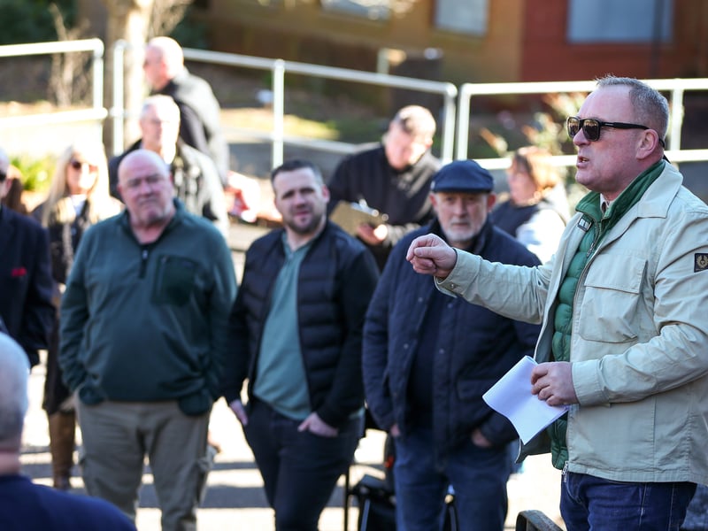 Chris Douglas speaking, right. Protest near Wates House against plans for homes in Fareham to be used for asylum seekers
Picture: Chris Moorhouse (010325-30)