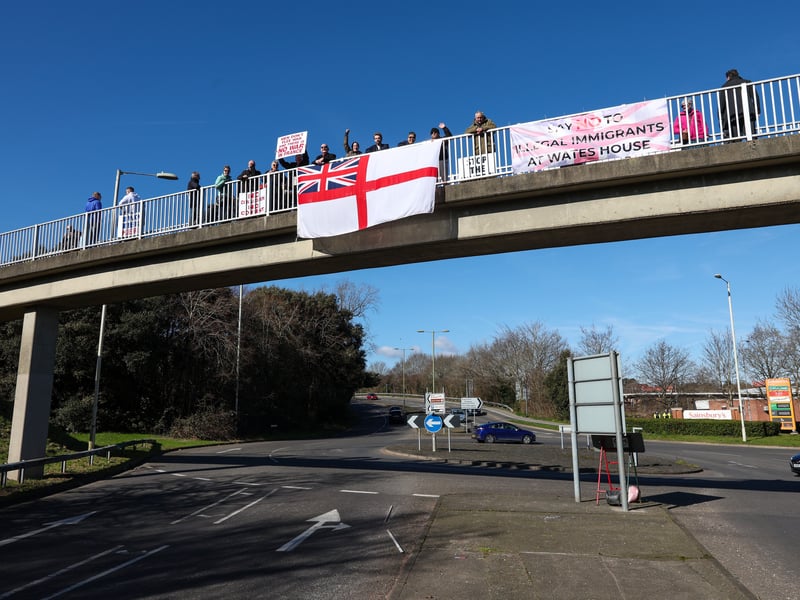 Protesters on the footbridge over Wallington Way, Fareham near Wates House
Picture: Chris Moorhouse (010325-36)