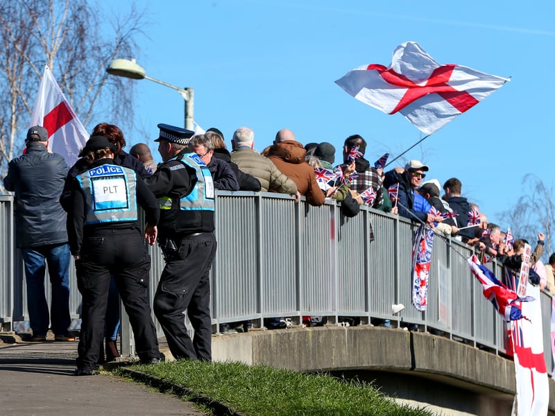 Protesters on the footbridge over Wallington Way
Picture: Chris Moorhouse (010325-44)