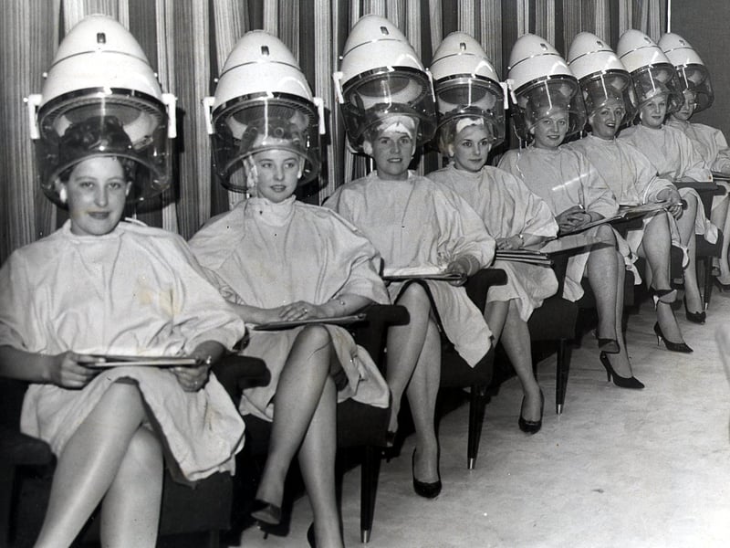 Sheffield United wives have their hair done at the Andre Bernard Salon on The Moor in February 1962. Pictured from left to right are Pat Summers, Dorian Kettleboro, Hetties Shaw, Marie Hartle, Beryl Shaw, Mary Simpson, Shirley Richardson, Ina Hodgson and Brenda Hodgkinson.