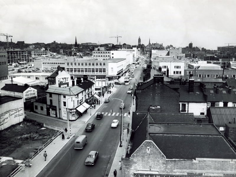 A view of The Moor looking up towards Sheffield Town Hall in August 1962