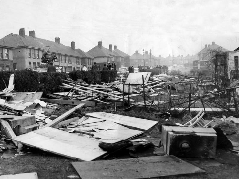 Hurricane damage on Northern Avenue, Arbourthorne, Sheffield, in February 1962