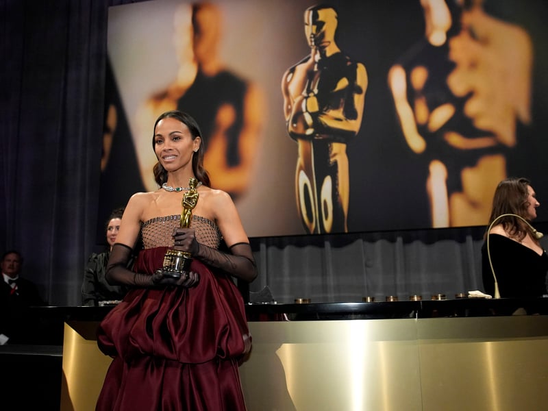 Zoe Saldana, winner of the award for best performance by an actress in a supporting role for 'Emilia Perez', attends the Governors Ball after the Oscars. Saldana declared she was a “proud child of immigrant parents” as she gave a tearful acceptance speech after winning the gong.
