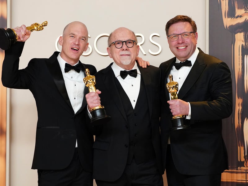 (Left to right) Gareth John, Richard King and Ron Bartlett, winners of the award for best sound for 'Dune: Part Two' pose in the press room at the Oscars