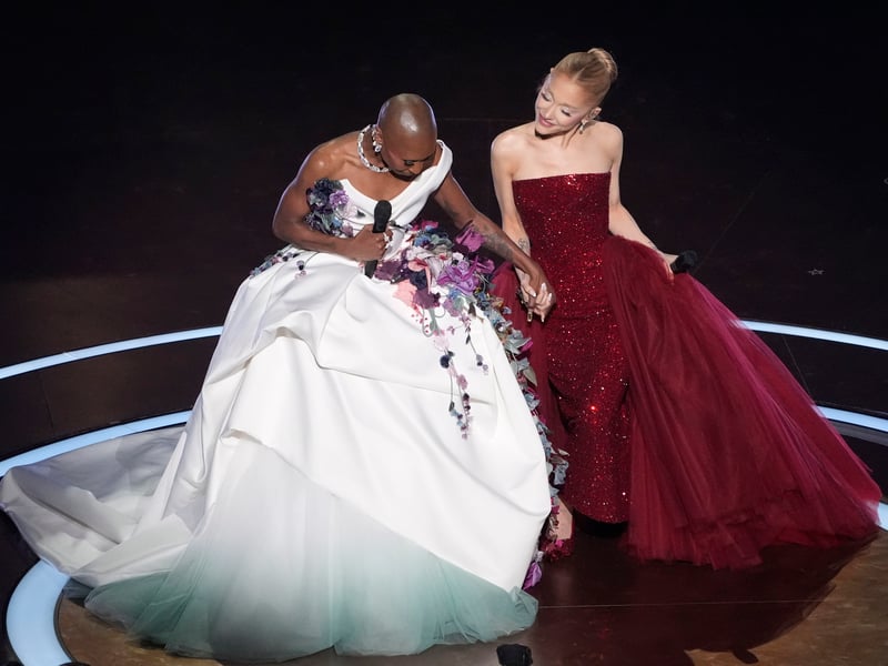 Cynthia Erivo left, and Ariana Grande on stage during the Oscars on Sunday. Wicked won the Oscar for production design, with Nathan Crowley and Lee Sandales accepting the award for their work on the hit musical