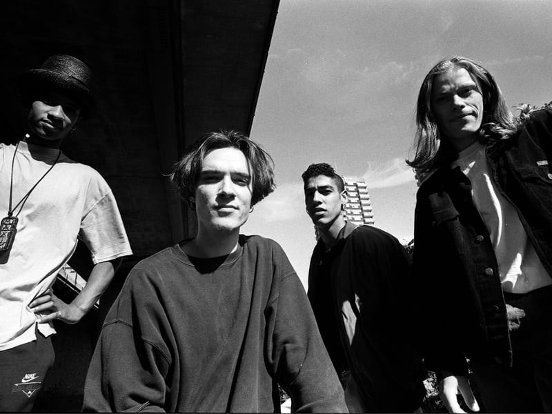 The Prodigy, group portrait, by the Westway in London, including band members Liam Howlett, Keith Flint, Maxim and Leroy Thornhill, United Kingdom, 1991.