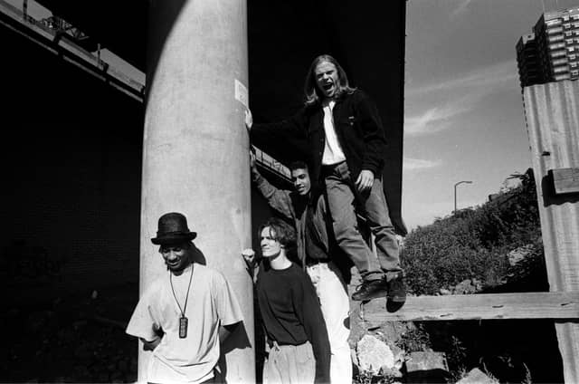 The Prodigy, group portrait, by the Westway in London, including band members Liam Howlett, Keith Flint, Maxim and Leroy Thornhill, United Kingdom, 1991.