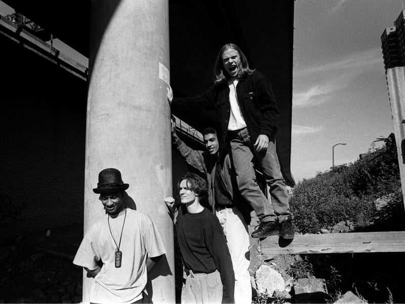 The Prodigy, group portrait, by the Westway in London, including band members Liam Howlett, Keith Flint, Maxim and Leroy Thornhill, United Kingdom, 1991.