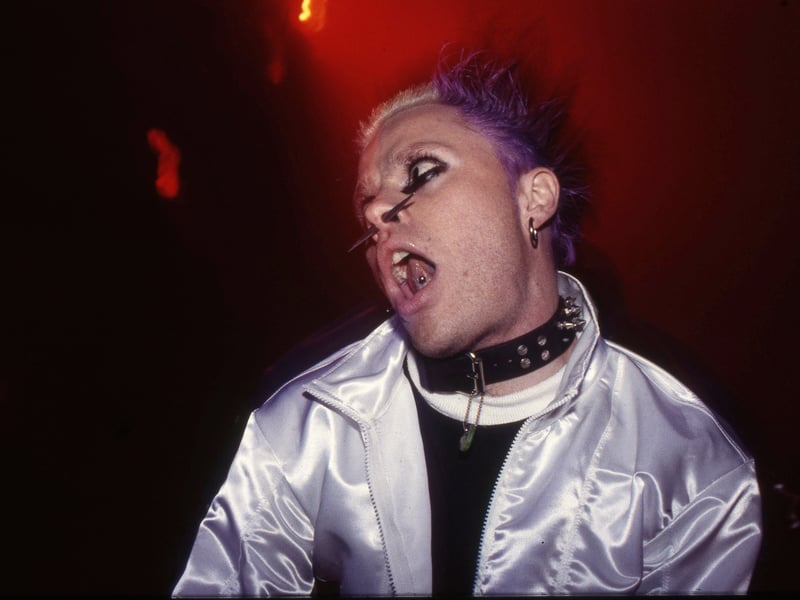 Keith Flint of the Prodigy performs on stage, United Kingdom, 1997.