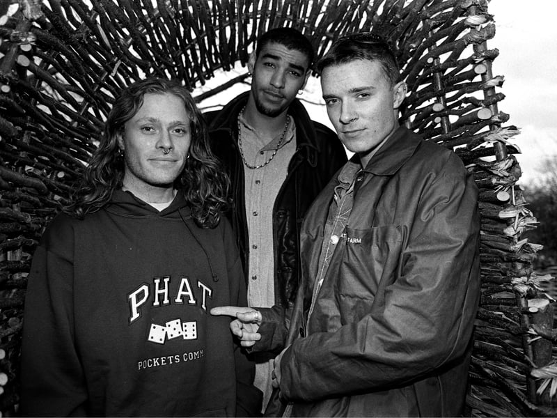 The Prodigy, group portrait, in Essex, including band members Liam Howlett, Keith Flint, and Leroy Thornhill, United Kingdom, 1992. 