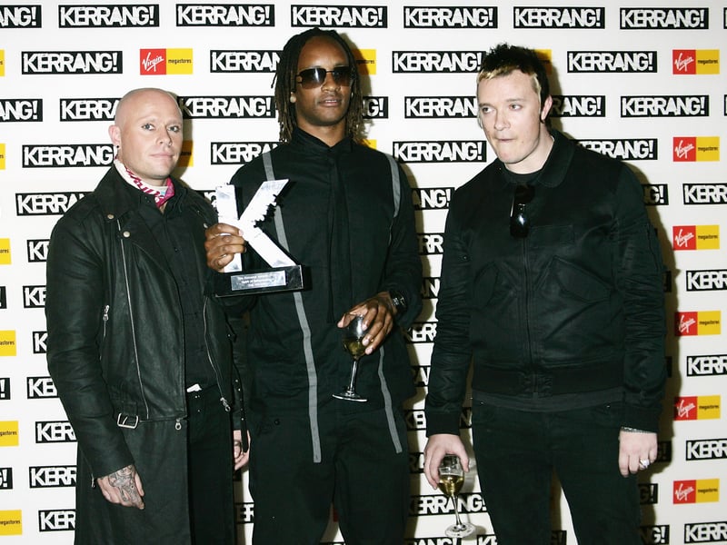 Keith Flint, Maxim and Liam Howlett of Prodigy pose in the Awards Room with the award for The Spirit of Independence Award at the Kerrang! Awards 2006, the annual music magazine's prestigious event at The Brewerey on August 24, 2006 in London, England.