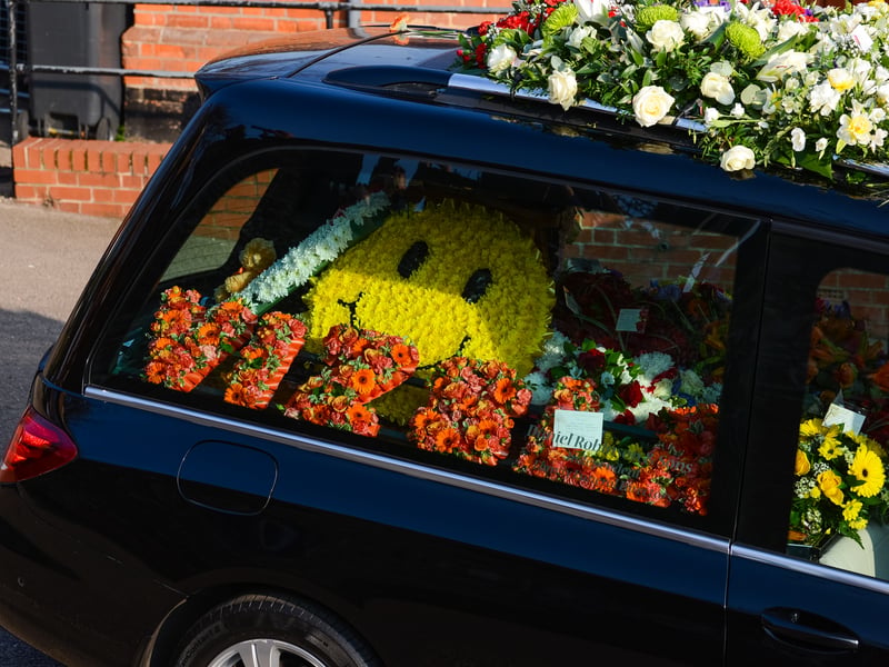 The hurst arrives at the funeral of Keith Flint at St Mary's Church on March 29, 2019 in Braintree, England. Keith Flint was the front man of The Prodigy. He was found dead at his home on the 4th March, 2019.