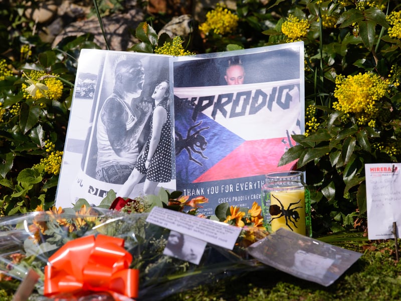 Flowers are laid at the funeral of Keith Flint at St Mary's Church on March 29, 2019 in Braintree, England. Keith Flint was the front man of The Prodigy. He was found dead at his home on the 4th March, 2019.