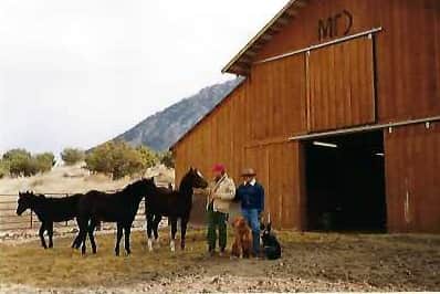 Joe Cocker and Pam at his Mad Dog Ranch in Colorado, US, in 1995, with their horses and dogs