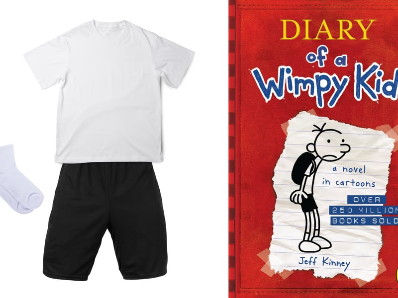 If your child is a big fan of Jeff Kinney’s Diary of a Wimpy Kid books, there are a number of online guides with printable templates to help you pull together a last minute costume with just a white t-shirt and black shorts.