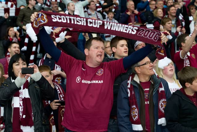 Hearts fans inside Hampden Park remember their 2006 final win.