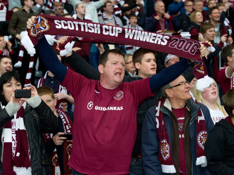 Hearts fans inside Hampden Park remember their 2006 final win.